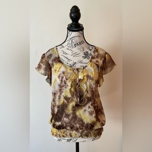 Vintage THX gorgeous scoop neck abstract short sleeved ruffled blouse